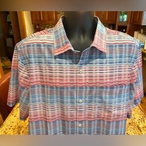 Tommy Bahama men’s performance Island zone camp shirt.‎ Sharp blue/red stripes.